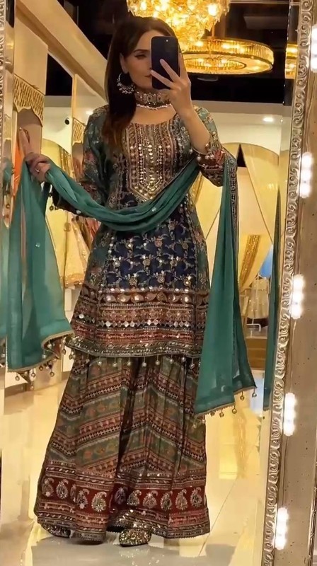 Indian Designer Chinnon Silk Kurta Palazzo With Dupatta For Wedding Wear