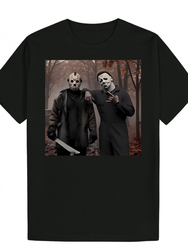 Two Masked Figures in Stylish Black Outfits Round-Neck Short-Sleeve Print Men