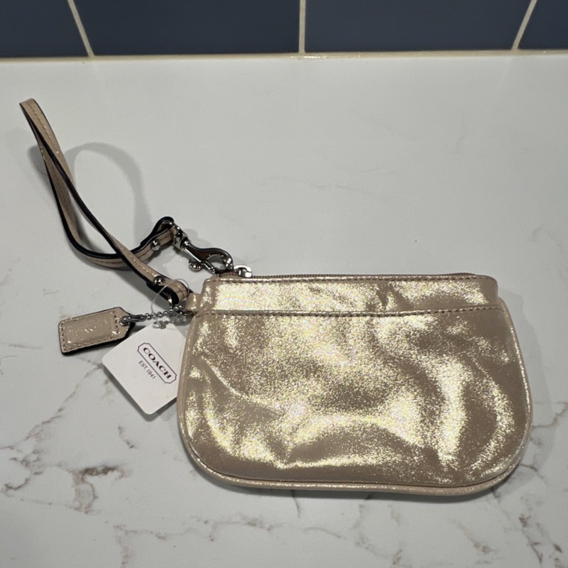 Coach Champagne Gold Metallic Clutch Wrist Strap Logo Tag Designer