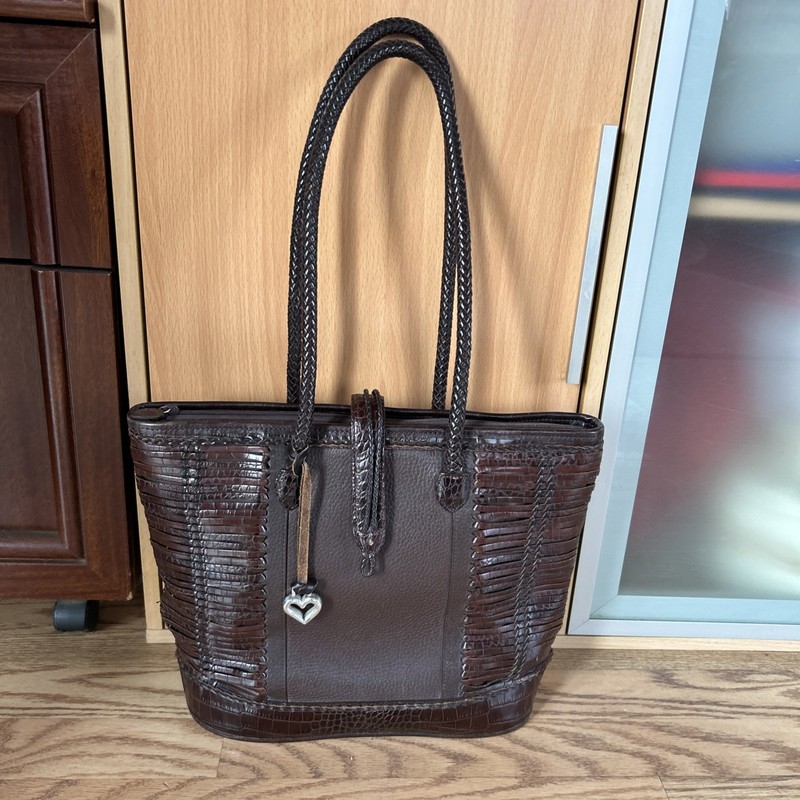 Brighton Brown Pebbled Leather Shoulder Bag w/2 Braided Handles & Zippered Top