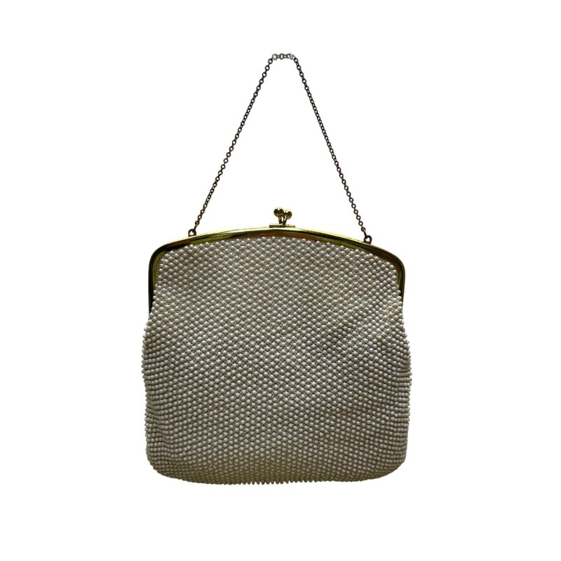 Vintage Women’s White Beaded Evening Clutch Gold Frame Chain Handle