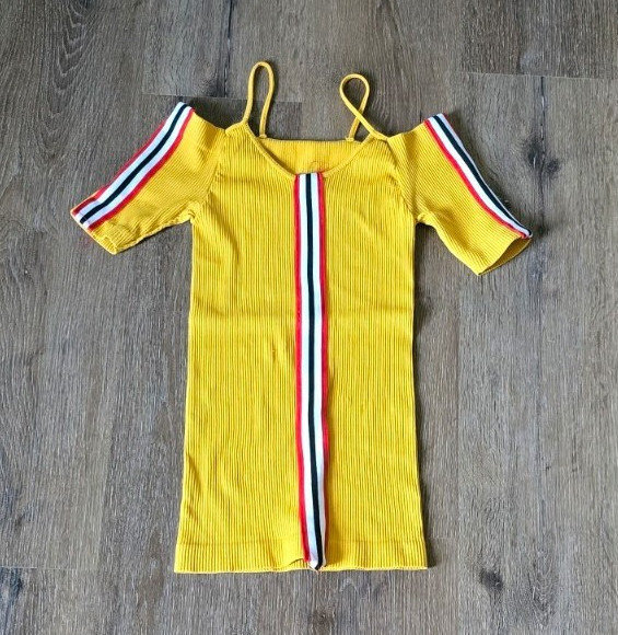 Yellow Ribbed Knit Cold Shoulder Square Neck Spaghetti Strap Top One Size