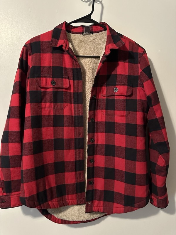 Eddie Bauer Red/Black Plaid Sherpa Lined Shacket Jacket Pockets Sz S