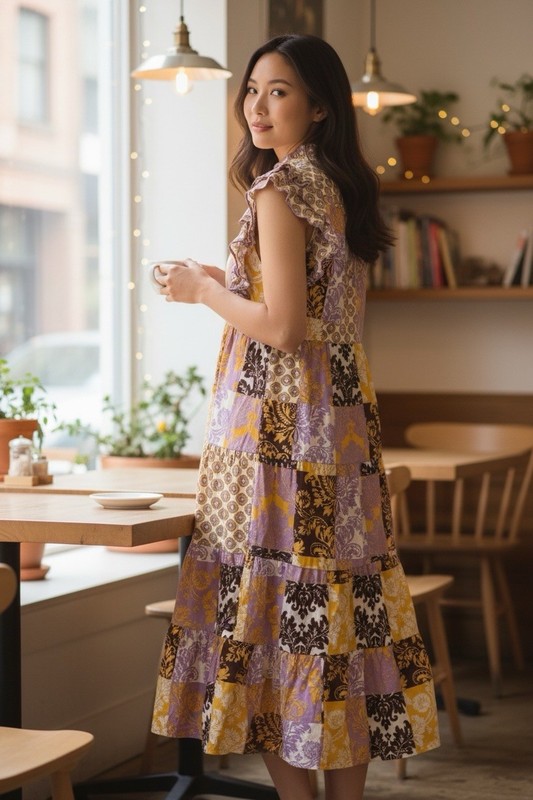 Umgee Purple/Yellow Patchwork V-Neck Flutter Sleeve Tiered Ruffle Dress M gallery