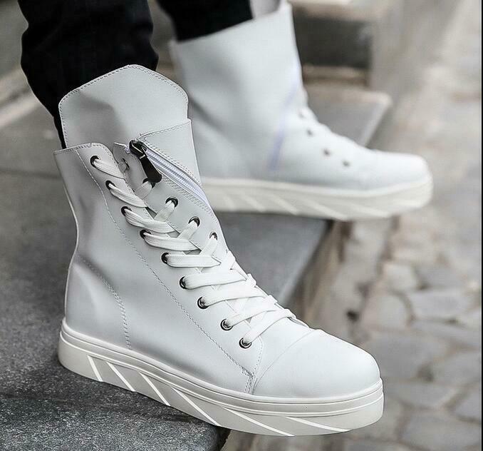 Mens Korean Ankle Boot Flat shoes Lace Up Round Toe Zipper High Top Trendy Shoes