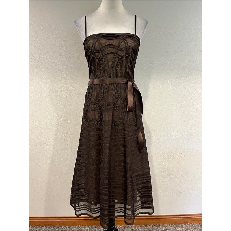 BCBGMaxAzria Brown Mesh Midi Dress with Satin Ribbon