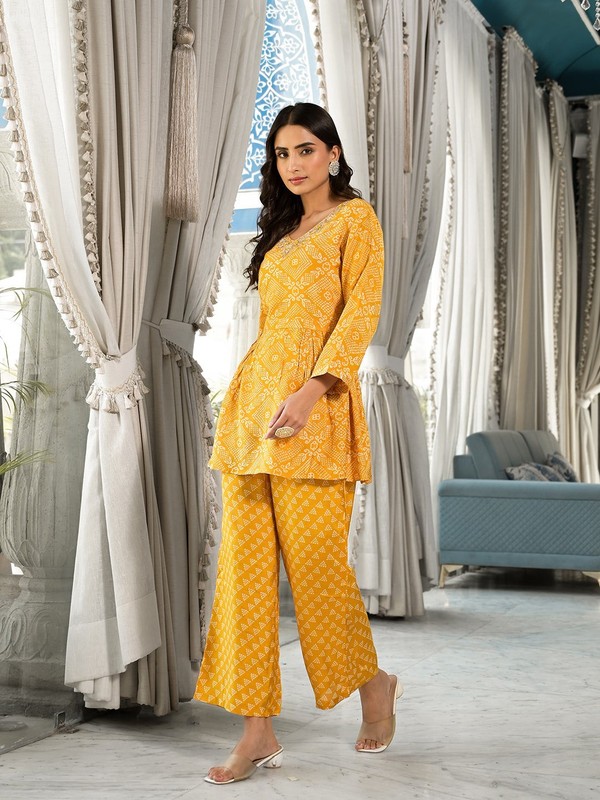 Yellow Digital Print Gota Work Pure Muslin Co-Ord Set for Women, Wedding Wear gallery