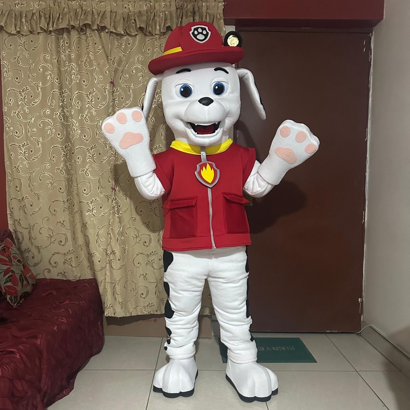 Adult White Dog Firefighter Mascot Costume Plush Puppy Fireman Full Body.