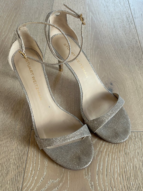 Stuart Weitzman Nudist II 75 Women’s Strap Sandal 3″ Heel Poudre Powder Sz 8 B