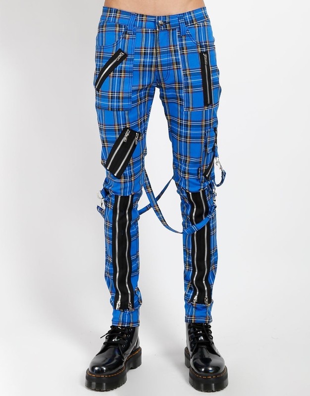 Gothic Trousers Blue Check – Slim Fit, Straps, Zips, Unisex Punk