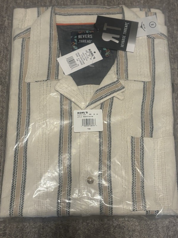 Reverse Thread Men's Beige Blue Striped Short Sleeve Collared Button-Up Size S gallery