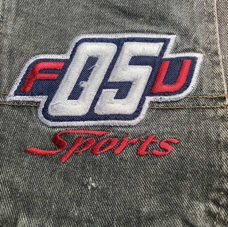FUBU Men’s Gray Denim Jeans Relaxed Wide-Leg Mid Rise Distressed Logo gallery