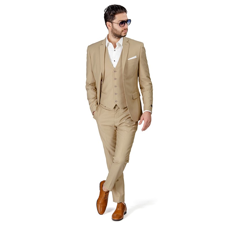 Tan Beige Slim Fit Men Suit 2 Button Notch Lapel Azar Man Vest Optional 4030-10 gallery