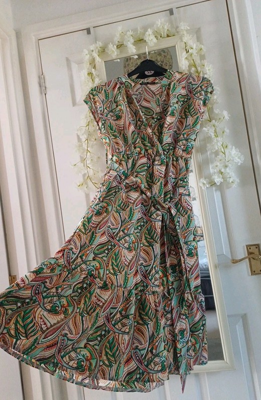Pretty Green Mix Floral Boho Belted Midi Dress S 8 10 👗