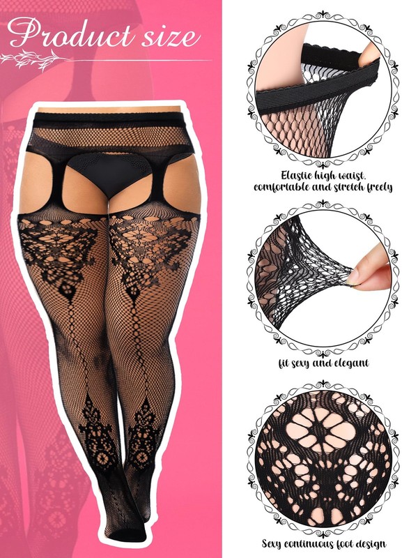 Skylety 6 Pairs Women Fishnet Suspender Pantyhose XX-Large-3X-Large, Black gallery