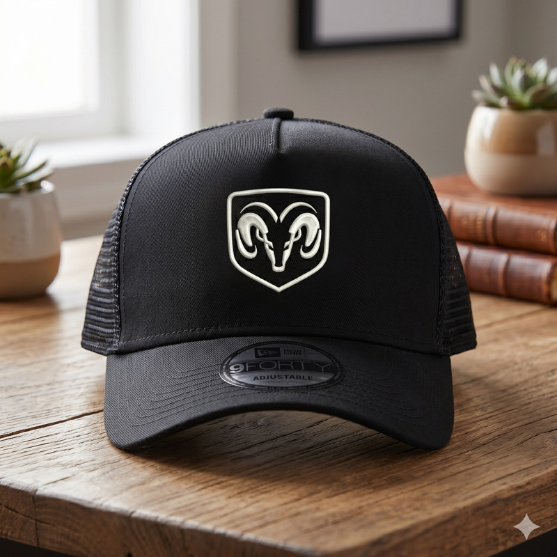Dodge RAM Logo Embroidered Trucker Hat – Black Mesh RAM Truck Owner Driver Cap