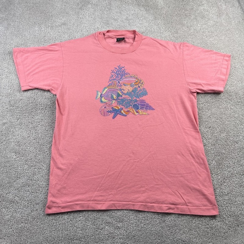 VINTAGE Islander Shirt Mens Large Pink Tropical Fish Sea Life Single Stitch USA