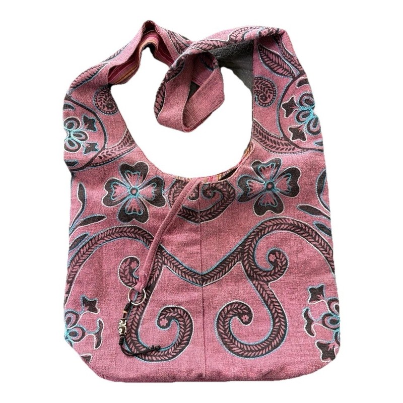 Pink Embroidered Floral Hobo Shoulder Bag w/ Bag Charm, Zip Closure
