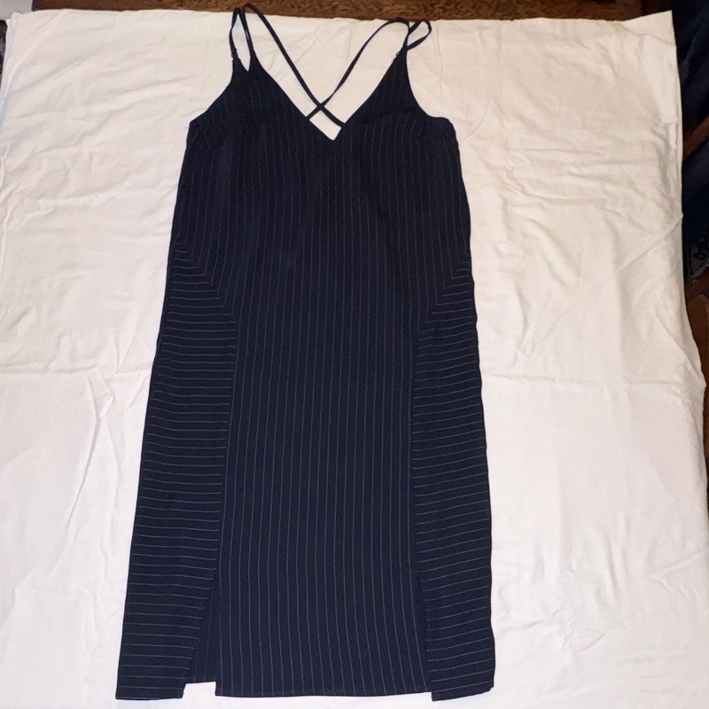 Topshop Women’s 6 Navy Pinstripe V-Neck Strappy Sleeveless Midi Slip Dress