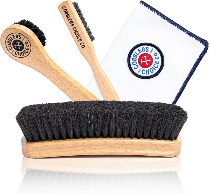 Horsehair Shoe Brush Kit with Dauber Brush Welt Brush and Microfiber Cloth for