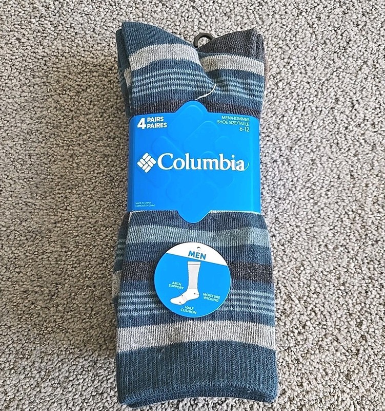 Columbia 4 Pair Every Day Crew Socks Men’s Sz 6-12 NWT Blue Black Taupe Gray