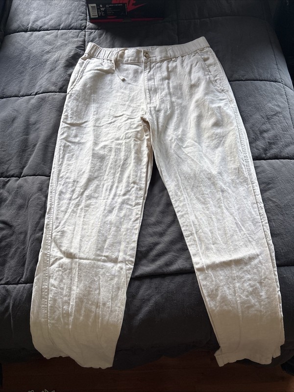 Uniqlo Pants Men S Cotton Linen Relaxed Chino Elastic Waist Trouser Khaki Beige