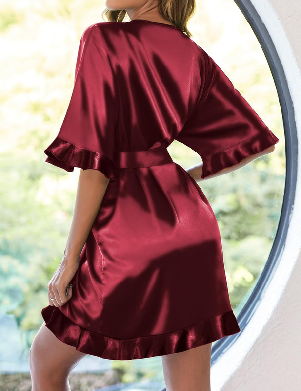 Womens Silk Ruffle Robe Short Satin Kimono Robe Half Sleeve Bathrobe Bridesmaid gallery