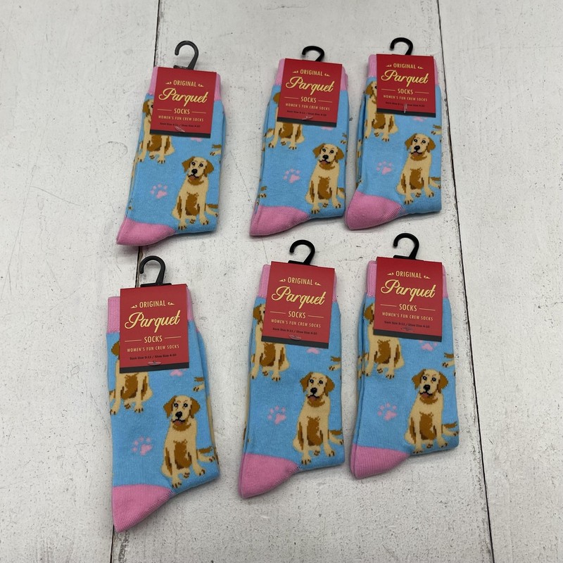 Parquet Socks Womens One Size Multicolor Crew Dog Print Fun Mid Calf 6 Pairs