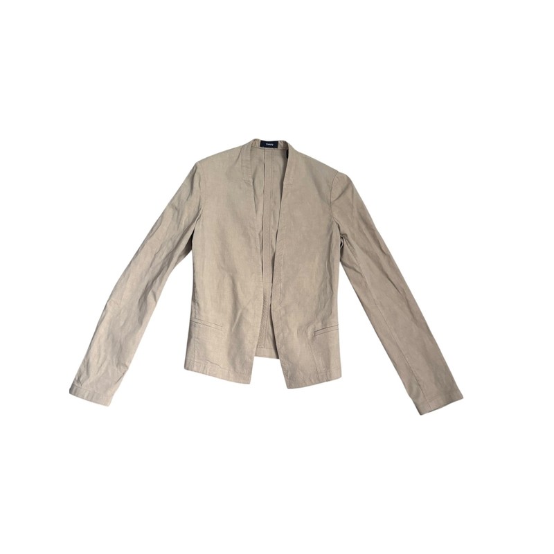 Theory Clean Blazer UL Eco Crunch Wash Tan Linen Blend Open Front Jacket Size 2