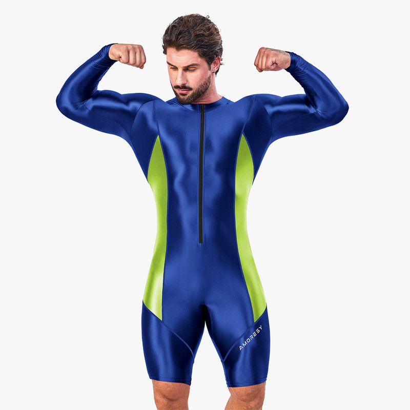 AMORESY Men Shiny Front Zip Jumpsuit Color Block Bodysuit Overalls Fitness Wear