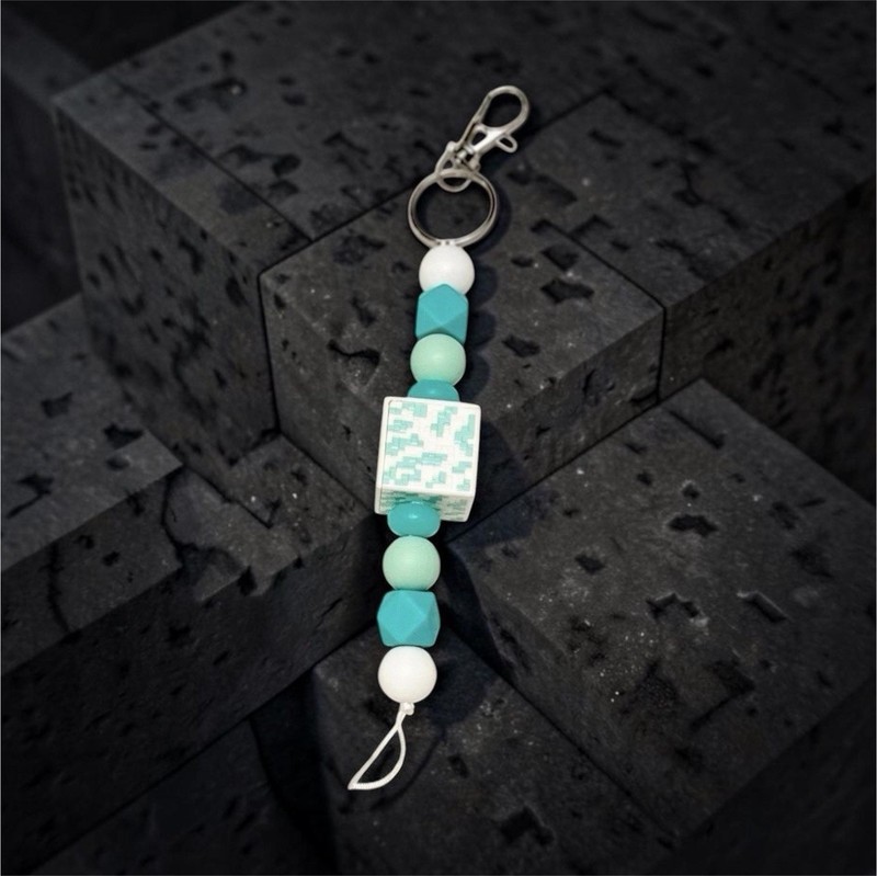 Minecraft Silicone Beaded Key Chain w/ Lobster Clasp & Key Ring