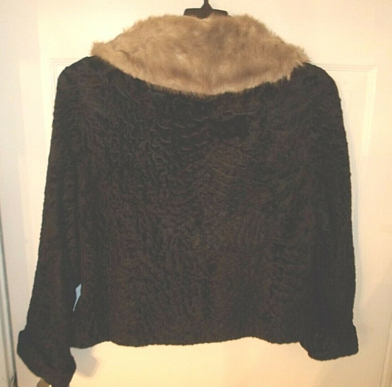 Vintage FOX WEIS Black Faux Persian Lamb w/Gray Real Mink Fur Collar L/S Jacket gallery