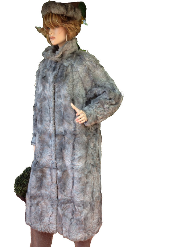 TIMELESS RARE GRAY SILVER PERSIAN LAMB SWAKARA KARAKUL FUR COAT+ HEADBAND L-XL