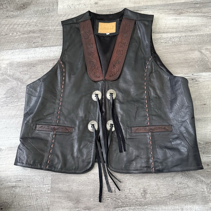 Kobler Leather Vest Mens 2XL Black w Brown Tooled Lapels Fringe Antique Finish