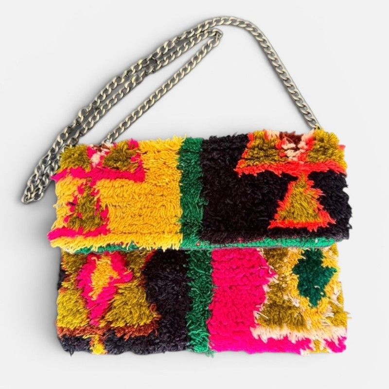 Moroccan Berber Rug Bag 10″ Colorful Shaggy Tufted Crossbody Purse