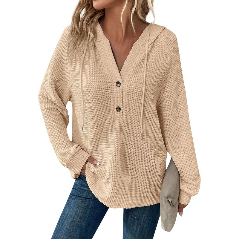 Casual Women's Solid Color Hoodie - Long Sleeve Relaxed Fit Waffle Weave Top gallery