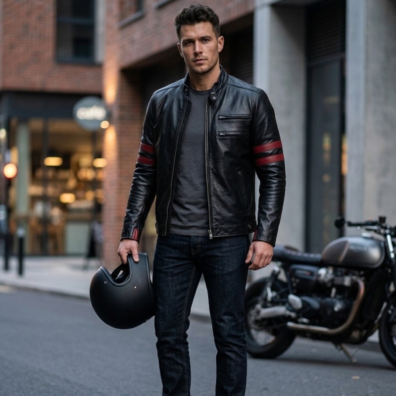 Men's Black Leather Biker Jacket Red Stripe Cafe Racer Moto Slim Fit Genuine gallery