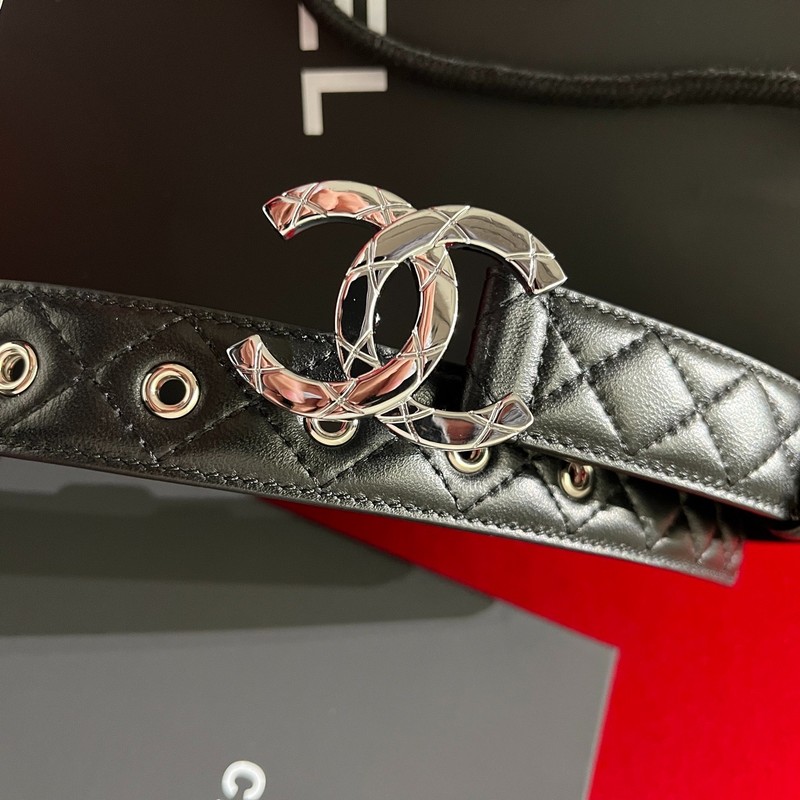 New CHANEL Belt Black Calfskin Leather Women’s Belt Sliver CC Buckle 30mm