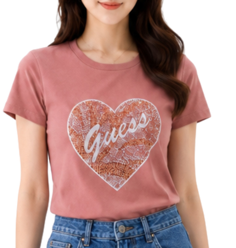 GUESS Womens Rhinestone Heart Graphic Tee Mauve Pink Short Sleeve Top Size M NWT gallery