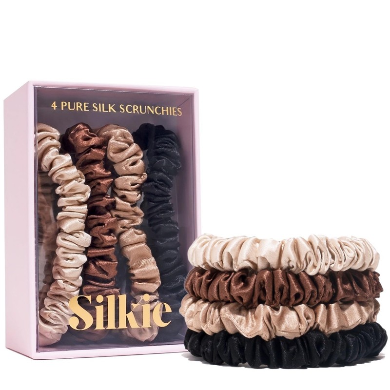 100% Pure Mulberry Silk Scrunchies Set - Black Brown Hair Ties with Travel Pouch gallery