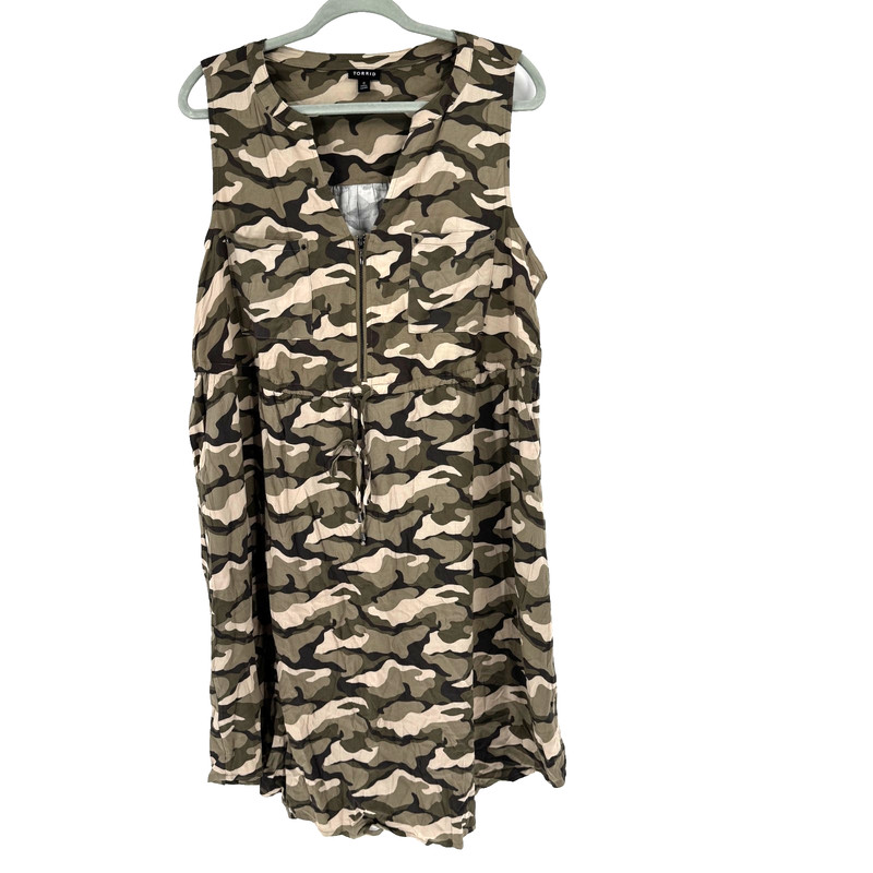 Torrid Camo Print Zip Front Sleeveless Shirt Dress Women’s Large Green Pockets