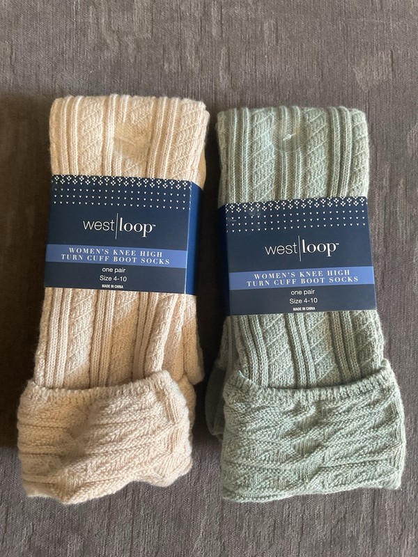 West Loop Knee High Turn Cuff Socks Size 4-10 Green Tan 2 Pair