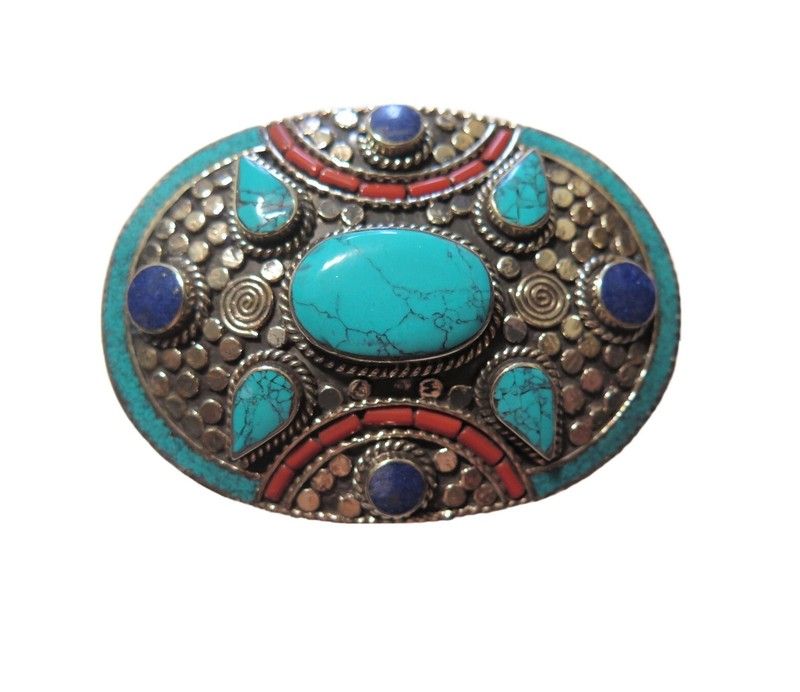 Oval Belt Buckle|Inlaid Stone|Turquoise|Coral|Lapis|German Silver| 3 3/8 x 2 3/8