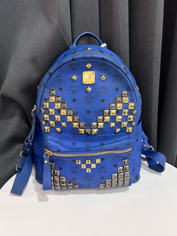 MCM Stark Visetos Canvas Logo Print Rivet Backpack Small Blue Korea