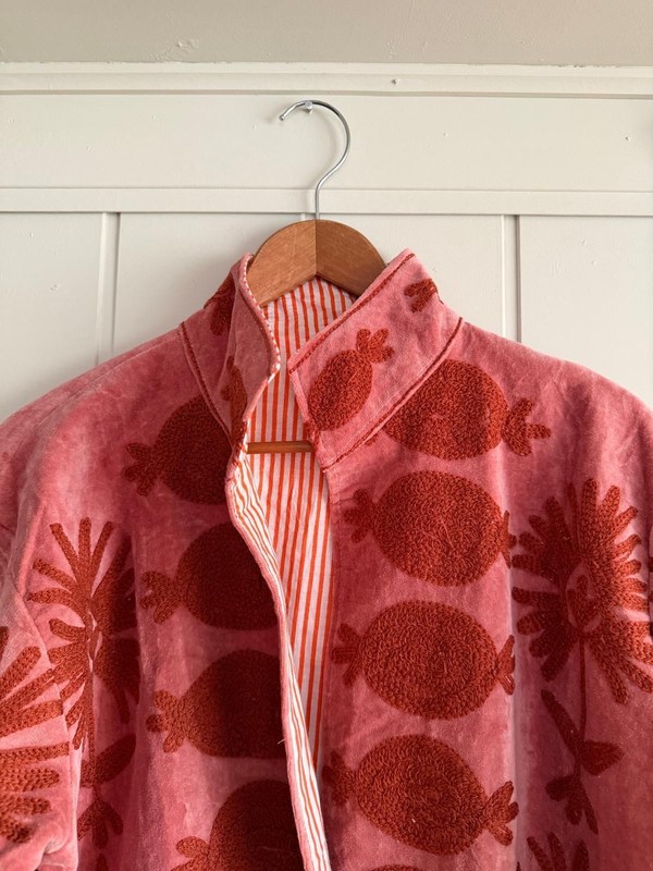 Handmade Red Velvet Embroidered Jacket Boho Floral Festival Wear gallery