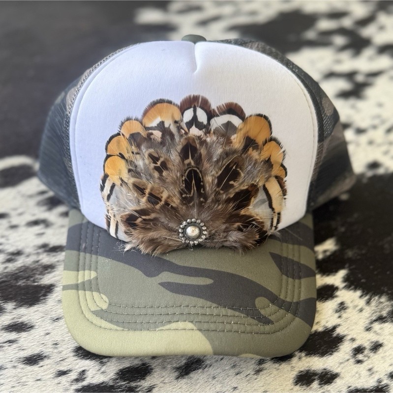 Camo Trucker Hat Mesh Back Adjustable Feather Patch Cap Black/White/Green