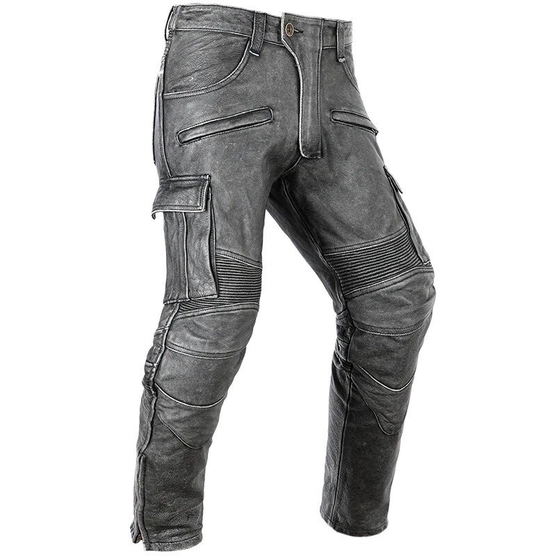 Men’s Real Distressed Leather Bikers Pants Cargo Pockets & Pleated Panels Pants
