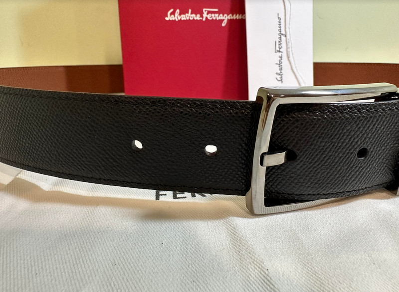 ADJUSTABLE REVERSIBLE RADICA/NERO LEATHER SALVATORE FERRAGAMO BELT GUNMETAL BUCK gallery