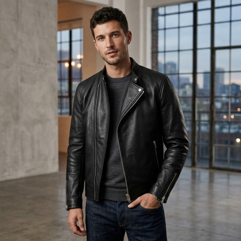 Men’s Black Genuine Leather Biker Jacket Slim Fit Motorcycle Cafe Racer Style