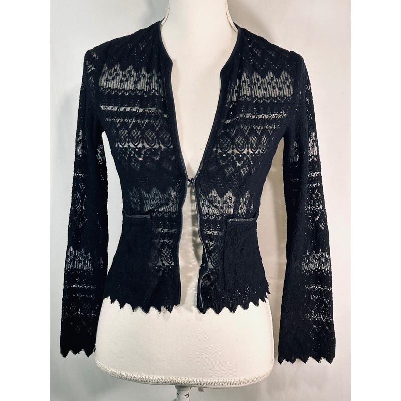 Black Sheer Floral Lace Cardigan Hook Eye Closure Scalloped Hem Top Womens